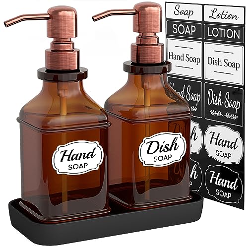 LMQML Soap Dispenser - 2 Pack, Antique Design Thick Amber Glass Hand Soap Dispensers with Sturdy Tray; 304 Rust Proof Stainless Steel Black Pump, 12Pcs Stickers, for Kitchen, Bathroom -Brushed Copper - color: Brushed Copper