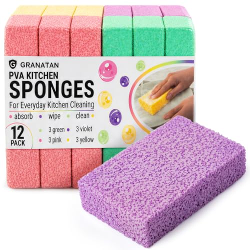 PVA Household Cleaning Sponges, Cleaning Water Absorbent Sponge for Glass, Countertops, Bathroom, Kitchen, Walls, Baseboards, Car, Non Abrasive Long Use Multipurpose Sponge, 12 Pack, 4 Colors