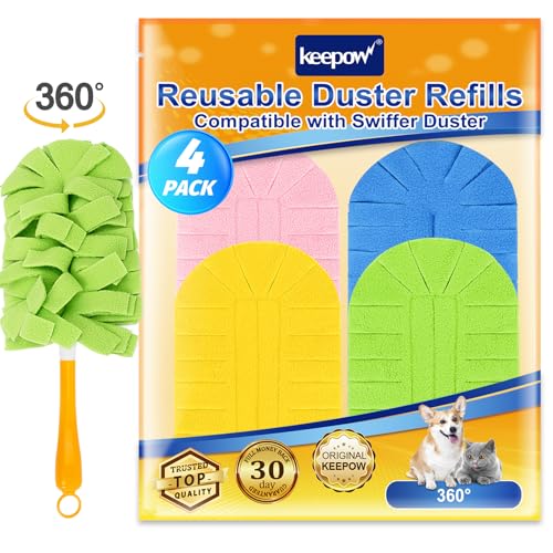 KEEPOW Reusable Duster Refill Compatible with Swiffer Hand Duster, Heavy Duty Duster Refills, 360 Degree Dusters Refills for Cleaning, Fleece Refill Ceiling Fan, 4 Pack (Handle is Not Included) - color: 1yellow+1blue+1pink+1green, size: 4 Pack