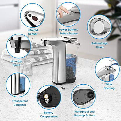 PZOTRUF Automatic Soap Dispenser, Touchless Dish Soap Dispenser 17oz/500ml with Upgraded Infrared Sensor, 5 Adjustable Soap Dispensing Levels, Liquid Hand Dispenser for Bathroom (Silver Set) - color: Silver Set