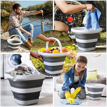 2 Pack Collapsible Buckets, 5L 1.3 Gallon Cleaning Buckets with Handle, Foldable Plastic Bucket Basin with 2 Towels, a Brush for House Garden Cleaning, Car Washing, Camping, Fishing