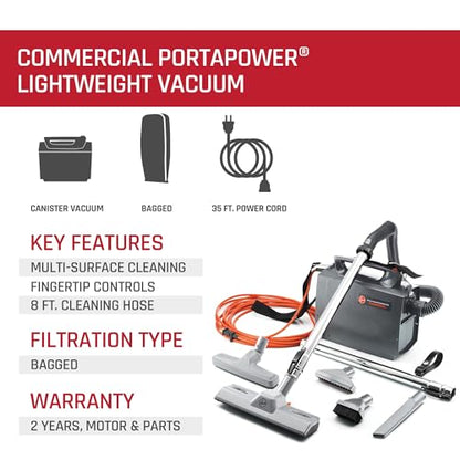 Hoover Commercial PortaPower Lightweight Canister Vacuum Cleaner, Bagged Canister Vac with Attachments, 2-in-1 Vac and Blower, Corded Vacuum Cleaners for Commercial Use