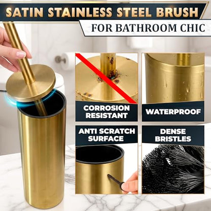 Gold Toilet Brush and Holder Set - Brushed Stainless Steel Gold Toilet Bowl Brush and Holder with Replaceable Head, Removable Inner Bowl, and Splash Protection - Dense Bristles for Thorough Cleaning - color: Gold