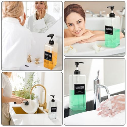 Segbeauty 33.8oz Clear Large Plastic Soap Dispenser Bathroom, 4pcs Large Capacity Refillable Shampoo and Conditioner Dispenser, 1000ml Body Lotion Bottle, Square Empty Cream Pump Bottles with Labels - color: Clear, style: 4pcs