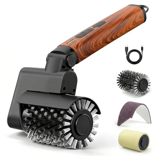 Electric Grill Brush 3-in-1 Kit – Cordless BBQ Cleaner with Reinforced Safe Metal Bristles – 2 Hours Runtime, Waterproof & Dishwasher Safe Removable Brushes for Deep Cleaning (Red Wood Coating) - color: Red Wood Coating