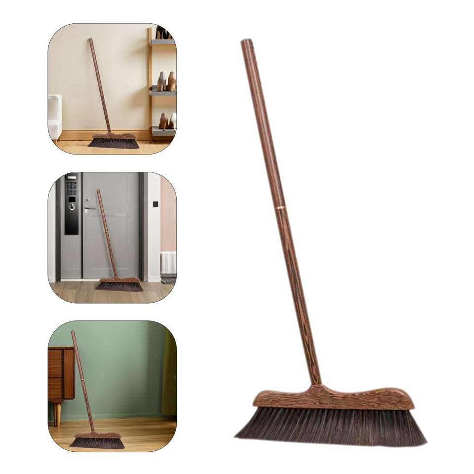 Unomor Wenge Wooden Scrubbing Broom Long Handle Floor Cleaning Broom with Soft Bristle Brush for Dust Removal Indoor Kitchen Patio Courtyard Sidewalk 32.28 X 11.81 X 0.78 in