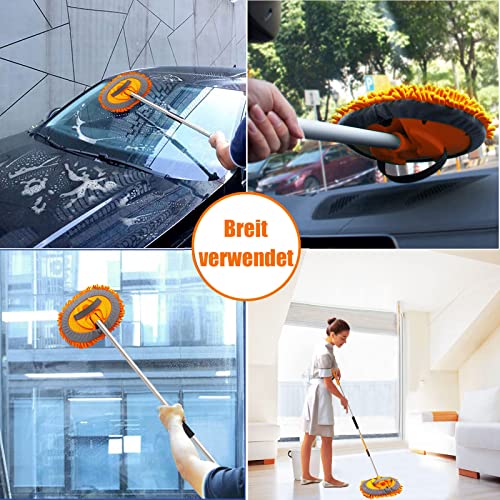 62" Car Wash Brush Mop Kit with Long Handle, 2 in 1 Chenille Microfiber Sponge Mitt Cleaning Detailing Duster for Washing Cars Truck SUV RV Caravans and Household(2 x Mop Head) (Orange) - color: Orange