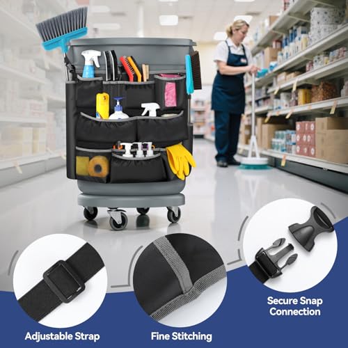 Housolution Trash Can Caddy Bag, Upgraded 3 Tier Large Capacity Cleaning Supplies Bag, Fits for 32-55 Gallon Garbage Bin, 15 Pockets Cleaning Tool Storage Organizer for Housekeeping & Janitorial