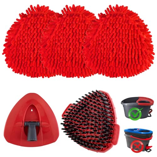 Mop Heads Replacements for O Ceda, Replace Head for Oceda Easywring 1 Tank,3 Spin Mop Replacement Head 1 Scrub Brush and 1 Base Deep Cleaning & Machine Washable - color: Red