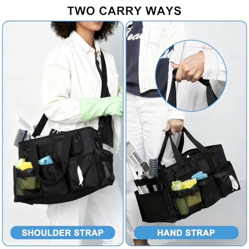 Large Cleaning Caddy Bag with Built-in Support Board, Wearable Cleaning Supplies Organizer with Adjustable Shoulder Strap & Waist Belt, Waterproof Heavy Duty Tote for Housekeepers Car Detailing - color: Black