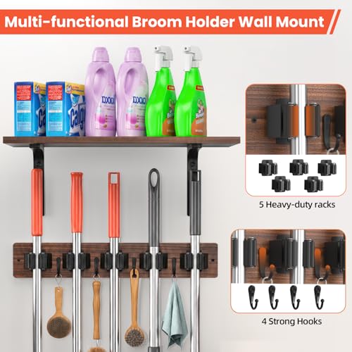 Broom Holder Wall Mount with Wooden Shelf, Rustic Wood Broom Hanger with 5 Racks&4 Hooks,Laundry Room Organization and Storage, Utility Storage Rack for Laundry Room, Garage, Kitchen, Closet. - size: 16.9"Small