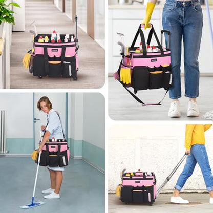 JKAOO Large Rolling Cleaning Caddy Bag with Detachable Trolley, Pink | Waterproof Cleaning Caddy with Wheels, 40L Wheeled Organizer Cart for Supplies, Housekeepers, Home, Office, Car, Picnic - color: Pink