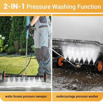 VIGRUE 2-in-1 Undercarriage Pressure Washer Attachment,24 Inch Pressure Washer Water Broom with 7 Nozzles, Under Car Washer Cleaner with 3 Pieces Extension Wand,4000 PSI,Orange