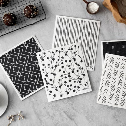 RECYCO Swedish Dishcloths for Kitchen | 5 Pack Geometric Washable Dish Rags | Cellulose Reusable Cleaning Paper Towels | Absorbent Counter Dish Cloth Sponge Kitchen Wipes, 8" L x 7" W - color: Geometric
