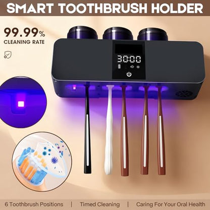 LXIANGN 3 in 1 Toothbrush Cleaner Holders for Bathrooms,Wall Mounted Toothbrush Holders with Drying and Cleaning,Smart LED Screen,6 Toothbrush Slots,3 Cups and Toothpaste Dispenser (Deep Grey) - color: Deep Grey