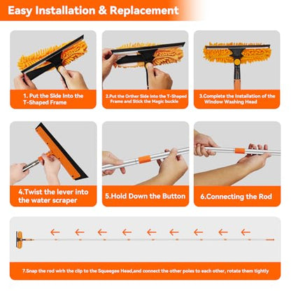 Window Cleaning Tools Window Squeegee: 2 in 1 Double-Sided Professional Cleaner Window Washing Kit with Extension Pole 20+ Ft Duster for High Ceilings Microfiber Scrubber for Indoor Outdoor High Glass