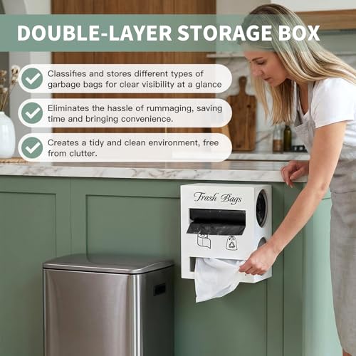 2 in 1 Trash Bag Dispenser, Double Wall Mounted,Wood Trash Bag Holder, used in kitchen, garage, laundry room, can store Environmentally friendly food bags and garbage bags (White/Large) - color: White/Large