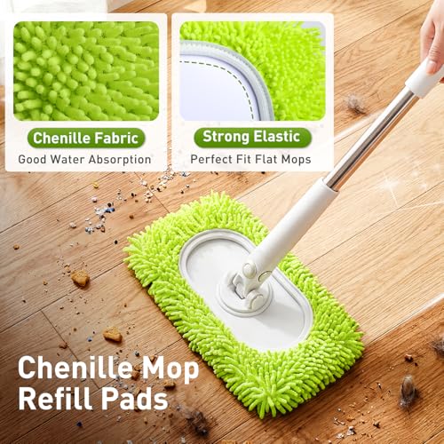 6 Pack Reusable Microfiber Mop Pads Compatible with Sweeper Mops, Replacement Mopping Pads Dry Sweeping Cloths, Washable Chenille Flat Mops Refills for Mopping Floor Cleaning (Mop is not Included) - color: Green