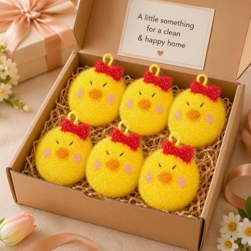 Breling 6 Pieces Chick Shape Dish Sponge Dual Sided Non Scratch Dish Washing Scrubbers, Reusable Household Cleaning Kitchen Tools for Dishwashing Washing Dishes Cookware - style: Chicken