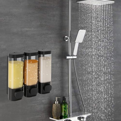 Shower Soap Dispenser Wall Mounted Shampoo and Conditioner Dispenser No Drill 3 Chamber Large Capacity for Bathroom Hotel, Black - color: Black