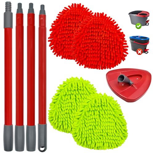 6 Packs Mop Head Replacements & 4-Section Spin Mop Handles for Ocedar, and Spin Mop Base Compatible with O-Cedar EasyWring 1 Tank Spin Mops Refills - color: 2green+2red