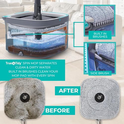 True & Tidy True Clean Spin Mop & Bucket System – Dual Compartment Design for Clean & Dirty Water, 360° Swivel Mop Head, Built-in Scrubbing Brush, Stainless Steel Handle & 2 Reusable Microfiber Pads - size: Spin Mop Standard
