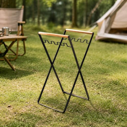 Metal Folding Trash Bag Holder with Wooden Handles, Portable Rubbish Stand for 30-45 Gallon Bags, Heavy Duty Refuse Sack Frame Garbage Holder for Garden Waste, Camping and RV