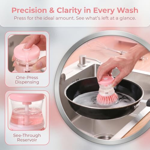 2 Pack Dish Brush with Soap Dispenser for Dishes Pot Pan Kitchen Sink Scrubbing Easy to Clean Kitchen Utensils,Pink - color: Pink