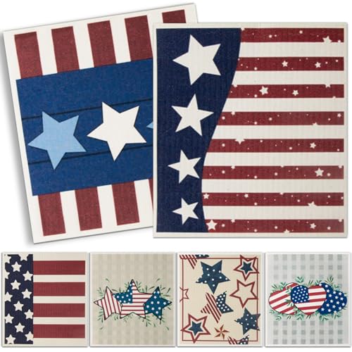 4th of July 6 Packs Swedish Kitchen Dish Cloths - American Flags Reusable Paper Towels for Counters & Dishes - Eco-Friendly Cellulose Sponge Cloth - color: J-flag