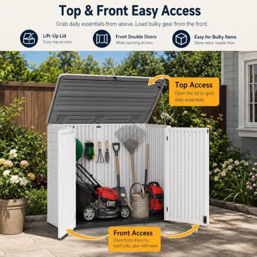 ADDOK 38 Cu.Ft Outdoor Storage Shed with Floor,Large Waterproof Resin Storage Cabinet with Lift-Up Lid,Double Doors and Lockable Design for Lawn Mower,Garden Tools, Patio,Backyard and Pool Supplies - size: Off-White 38 Cu.Ft