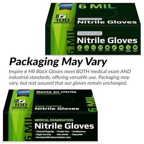 Inspire Black Nitrile Gloves HEAVY DUTY 6 Mil Nitrile Chemical Resistant Medical Cooking Cleaning Disposable Black Gloves - size: Medium, style: Black 6mil Box of 100