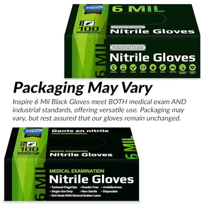 Inspire Black Nitrile Gloves HEAVY DUTY 6 Mil Nitrile Chemical Resistant Medical Cooking Cleaning Disposable Black Gloves - size: XL, style: Black 6mil Box of 100