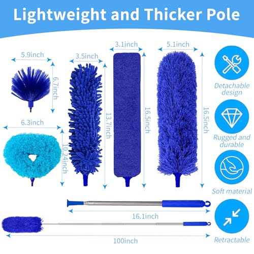 6-in-1 Duster for Cleaning Kit, Extendable Duster with Stainless Steel Pole - Microfiber, Ceiling Fan Cleaner Dusters and Chenille Dusters, Bendable Cobweb Removers for High Ceilings, Fans, Blinds - color: Blue