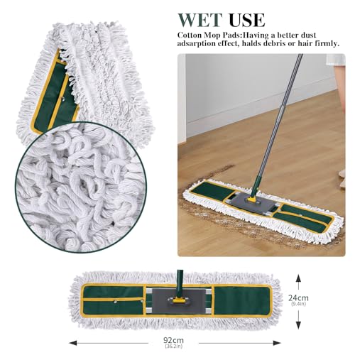 Masthome 36" Commercial Dust Mop, 60" Telescopic Handle Heavy Duty Floor Mop, Wet Dry Industrial Mop with 3 Reusable Pads for Hardwood Marble Laminate Tile, Home Gym Office Use - color: Green Large
