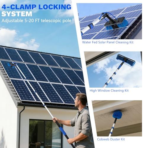 20FT Complete Solar Panel Cleaning Kit with Extension Pole 5-20FT, Water Fed Pole Kit with Cleaner Solution Dispenser for Window Glass, Boats,RV, Decks, Bathrooms & House Siding