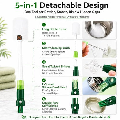 5-in-1 Water Bottle Cleaner Brush Set - 7 Pack, 14.17" Long Narrow Bottle Brush & Straw Brushes, Compatible with Stanley Cups, Tumblers, Sports Bottles, Travel Mugs