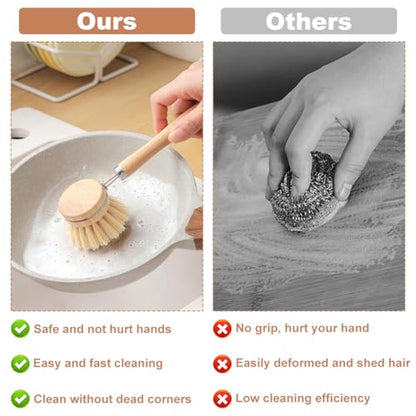 Bamboo Dish Brush with Handle, 3 Natural Bristle Heads (Horsehair, Sisal, Palm) Replaceable Heads, Wooden Dish Brush for Washing and Cleaning Pot Pan Bowl