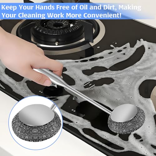 2Pcs Stainless Steel Wool Scrubber Sets, Dish Scrubber with Long Short Handle Stainless Steel Scrubber Cleaning Brush Metal Scrubber with Replacement, Steel Scrubber for Dishes Tableware Home Kitchen - color: 5pcs