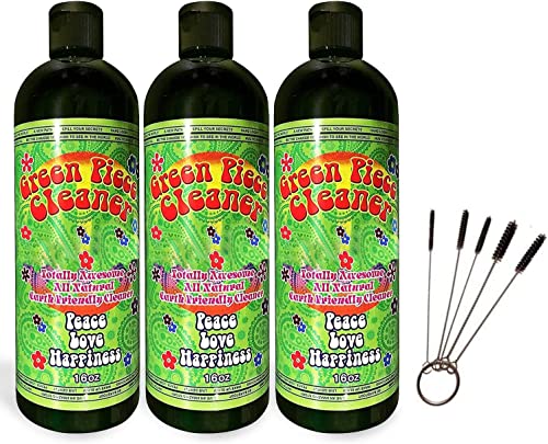 Green Piece® Glass Cleaner 3 Bottles (Made in USA) -16 oz and 5 Piece Mini Metal Nylon Tube Piece Cleaner Brush Set with Keychain Ring Combo - style: 16 Fl Oz (Pack of 3) + Keychain