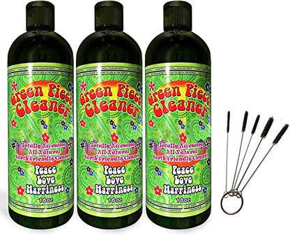 Green Piece® Glass Cleaner 3 Bottles (Made in USA) -16 oz and 5 Piece Mini Metal Nylon Tube Piece Cleaner Brush Set with Keychain Ring Combo - style: 16 Fl Oz (Pack of 3) + Keychain
