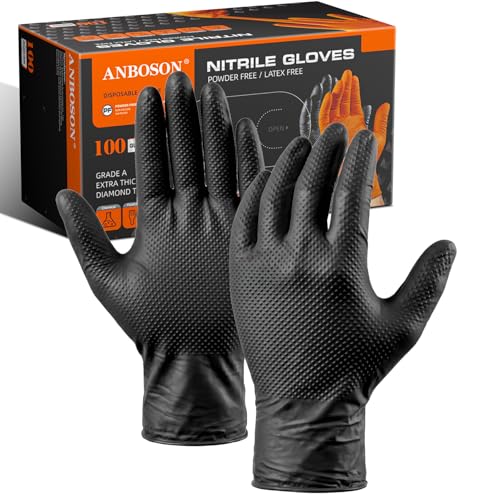 ANBOSON 10mil Heavy Duty Nitrile Gloves Large Black Disposable Rubber Gloves with Diamond Grip Anti Chemical Puncture Resistant Mechanics Guantes for Men/Auto repair/Cooking/Food Grade-Latex Free-100 - color: Black-100, size: Large