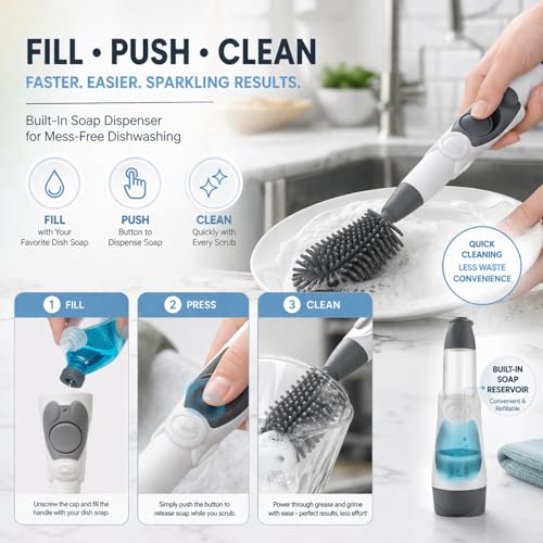 Soap Dispensing Brush Cleaner for Kitchen, Glassware, Mugs, and Plates | BPA Free Silicone Bristles, Portable, Comprehensive Multi-Purpose Cleaning