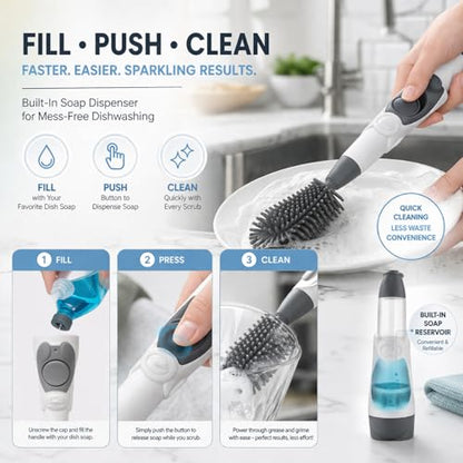 Soap Dispensing Brush Cleaner for Kitchen, Glassware, Mugs, and Plates | BPA Free Silicone Bristles, Portable, Comprehensive Multi-Purpose Cleaning