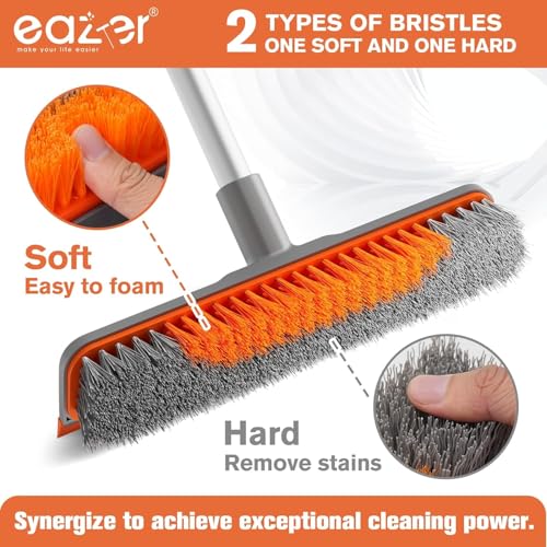 Eazer 2-in-1 Floor Scrub Brush with Long Handle, Soft/Hard Bristle Concrete Deck Brush with Squeegee, Garage Floor Cleaner for Tile/Concrete, Indoor/Outdoor Kitchen Bathroom Pool Deck -12" W/60 H