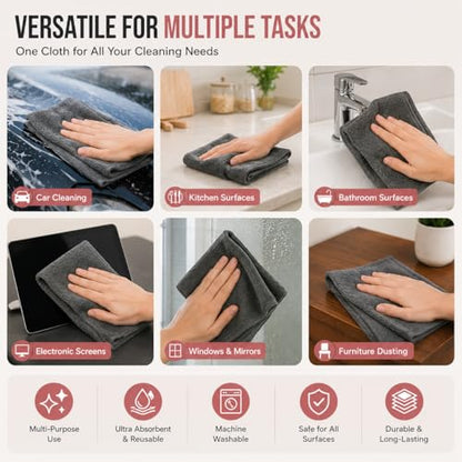 12 Pack Microfiber Cleaning Cloth, Ultra Absorbent Reusable Towels, Lint Free Streak Free Cleaning Rags for Car, Kitchen, Window, Home (Grey)