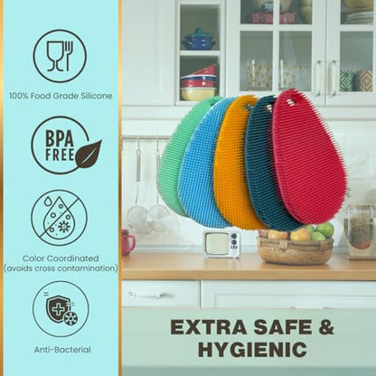 Silicone Sponge Dish Scrubber - Food Grade and Housecleaning - BPA Free Silicone Kitchen Scrubber [5 Pack Ovals Summer] - color: Summer