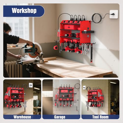 Heavy Duty Power Tool Organizer Wall Mount with Charging Station, 4 Layer Garage Storage Adjustable Shelves Height, Holds 4 Drills, 2 Hooks, Screw & Screwdriver box, Gifts for Fathers Day, Anniversary - color: Red