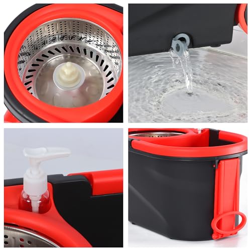 Mop and Bucket Set, Spin Mop and Bucket with Wringer, Mops for Floor Cleaning System, Stainless Steel 360 Floor Mop Bucket on Wheels, 3 Microfiber Mop Replacement Heads - color: Black-2