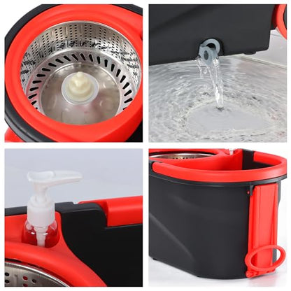 Mop and Bucket Set, Spin Mop and Bucket with Wringer, Mops for Floor Cleaning System, Stainless Steel 360 Floor Mop Bucket on Wheels, 3 Microfiber Mop Replacement Heads - color: Black-2