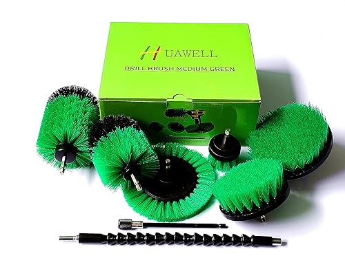 HUAWELL Drill Brush with Long Attachment Set Green Kitchen Cleaning Brushes All Purpose for Bathroom,Kitchen,Grout,Tub,Tile,Corners,Auto- Green - color: Green